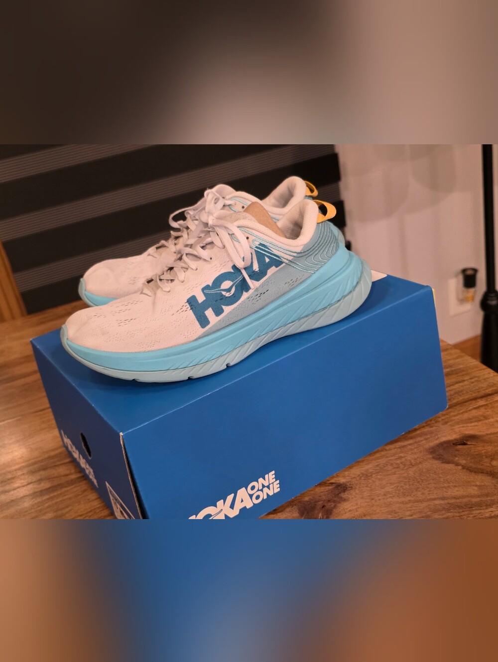 Hoka One One Carbon X Running Shoes (White and Light Blue), Women's 7